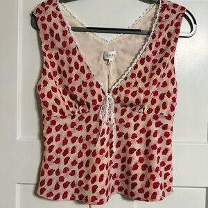 Chic Red Floral Blouse with Lace Trim